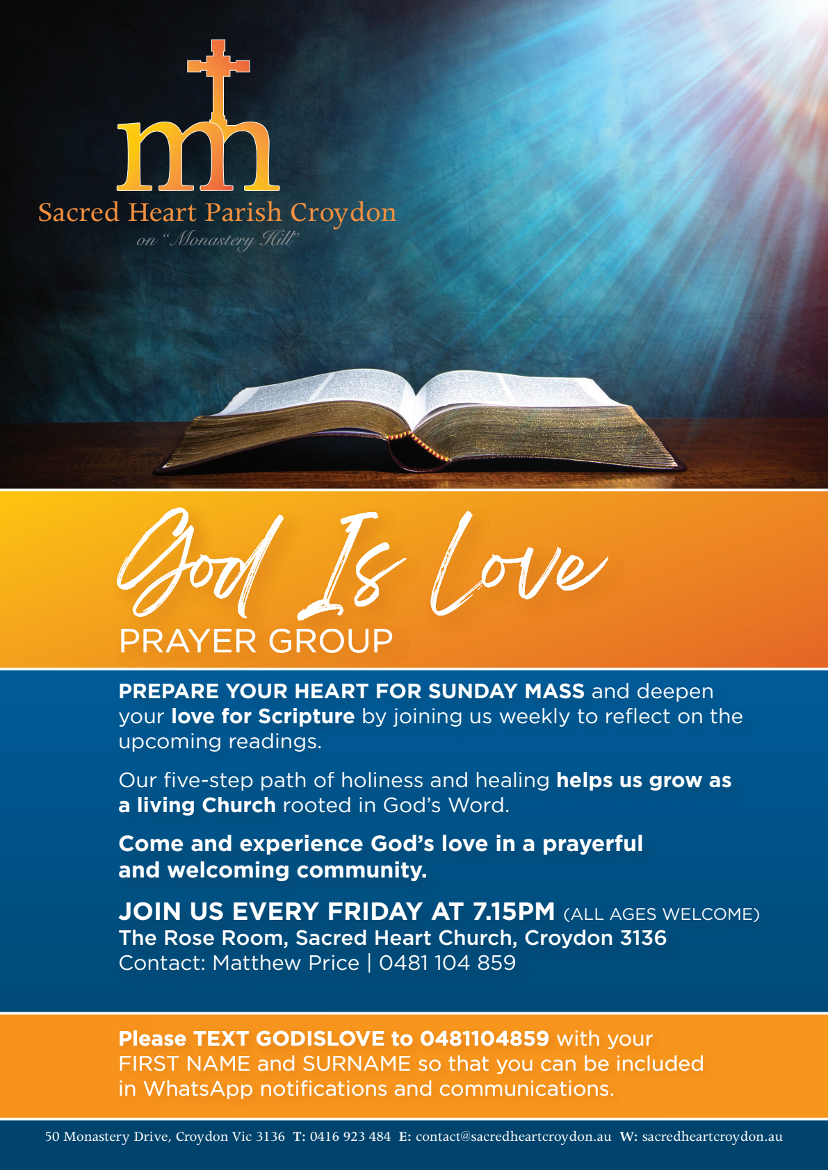 God Is Love Prayer Group 2026 flyer with meeting and contact details