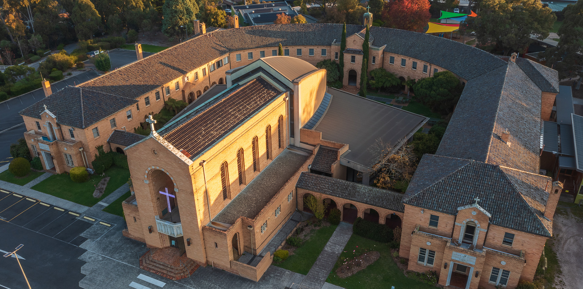 Aerial view of Sacred Heart Parish on Monastery Hill in Croydon